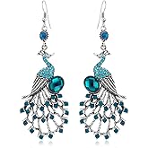 Vintage Peacock Dangle Earrings for Women Bohemian Blue Crystal Feather Peafowl Statement Drop Dangling Stud Earring Boho Xmas Birthday Holiday Wedding Jewelry Gifts for Her Bff Valentine's Day