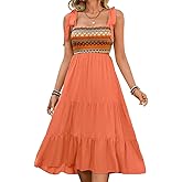 ChiaoLezhee Women's Boho Striped Midi Square Neck Sundress with Tie Straps, 2025 Summer Beachy Tiered A-Line Dresses