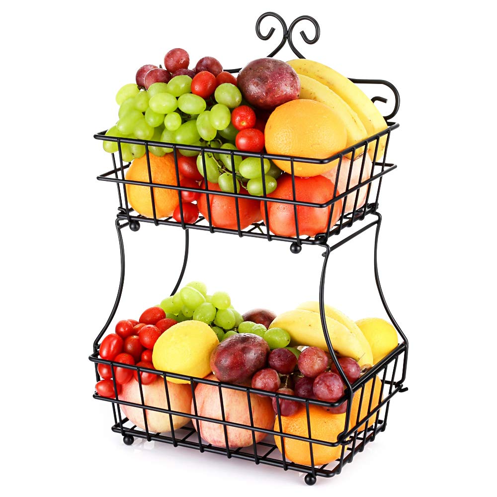 Oakome 2 Tier Fruit Baskets - Metal Bread Storage Basket Stand with Free Screws for Fruit, Vegetables, Snacks, Home, Kitchen and Office