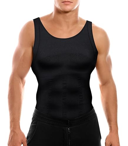 Men Slimming Compression Body Shaper Corset Vest With Side Hooks Waist Trainer, Black / M