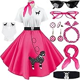 VillbeCoser Sock Hop Outfits Women, 1950s Poodle Dresses, Polo Shirt with 50s Accessories Socks Scarf Headband Belt 10Pcs