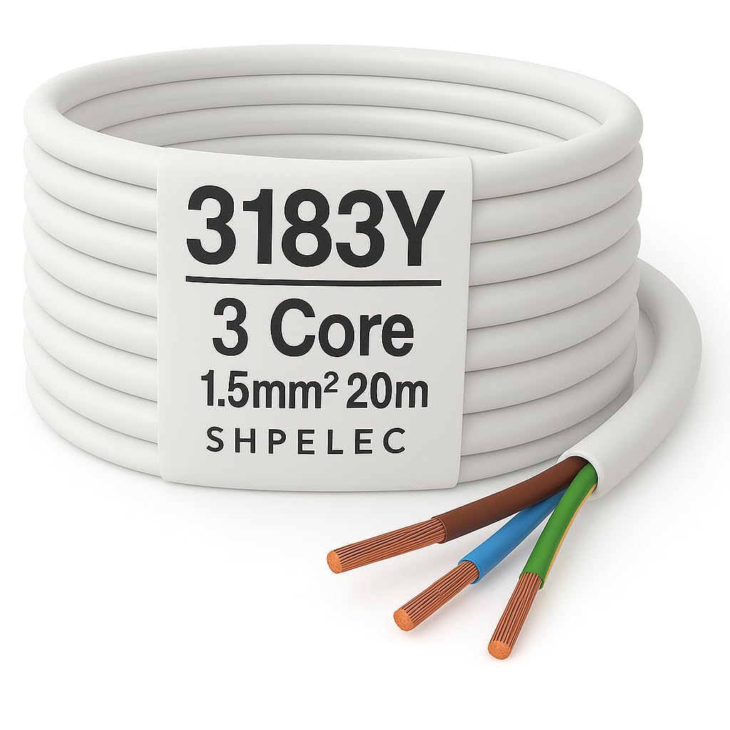 SHPELEC® FLEXIBLE White Cable 3183Y 0.75mm, 1.0mm, 1.5mm, 2.5mm BASEC Approved White PVC LED Lighting 5m 10m 15m 20m 50m (1.5mm 3 Core - 20metres)