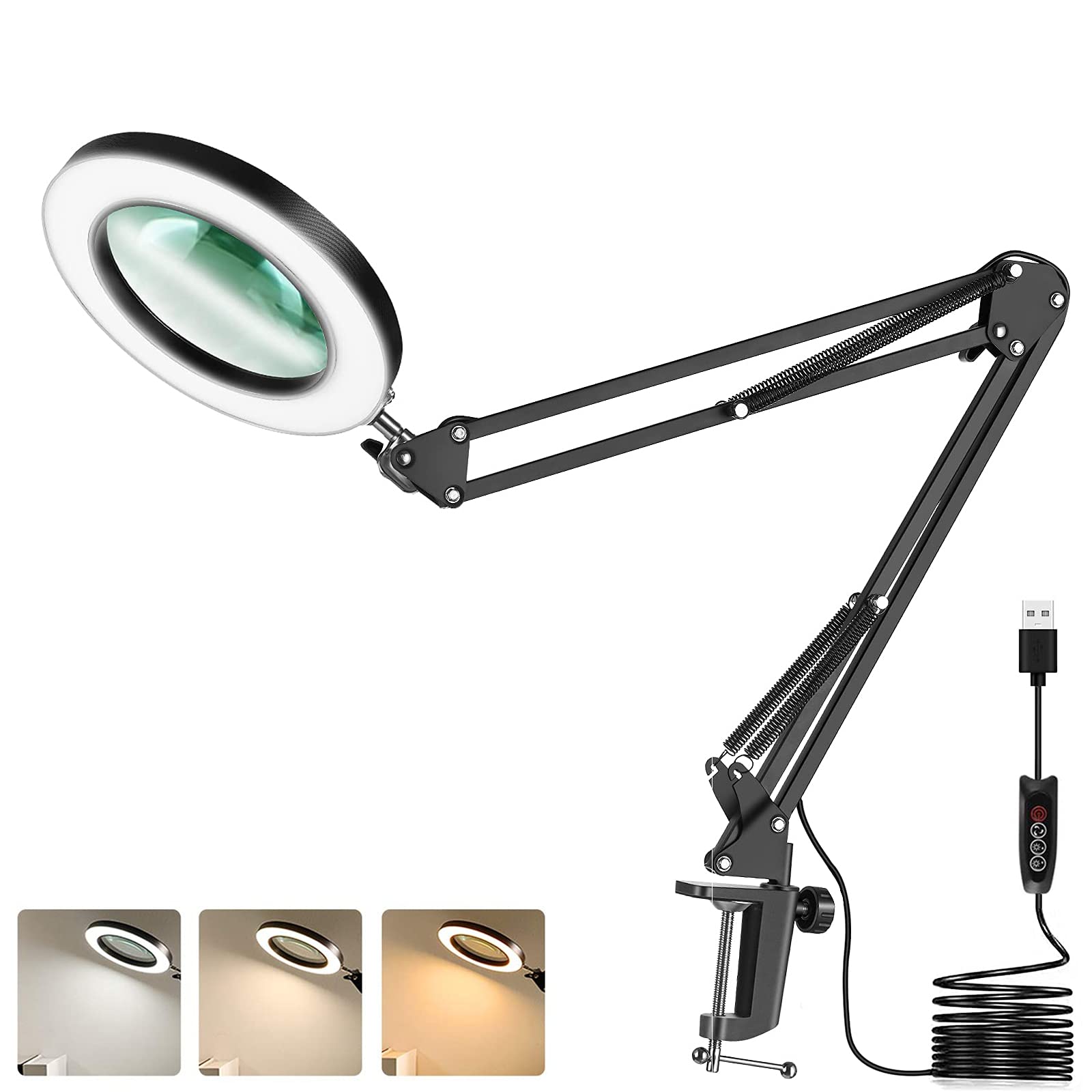 Magnifying Glass with Light, Adjustable 5X Magnifier Desk Lamp with 3 Colors Illuminated USB Magnifying Lamp with Adjustable Swivel Arm, 10 Adjustable Light