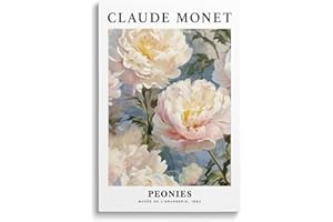 Vintage Peonies Wall Art Print Floral Canvas Poster White Pink Peony Flower Claude Monet Oil Painting Style Picture for Bedro