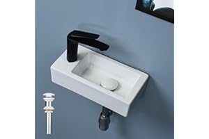bathivy 15"x7.5" Wall Mount Corner Bathroom Sink with Pop-up Drain & Installation Kits, Rectangular White Ceramic Vessel Sink, Wall Hung Mini Floating Sink, Small Corner Sink for Bathrooms (Left Hand)