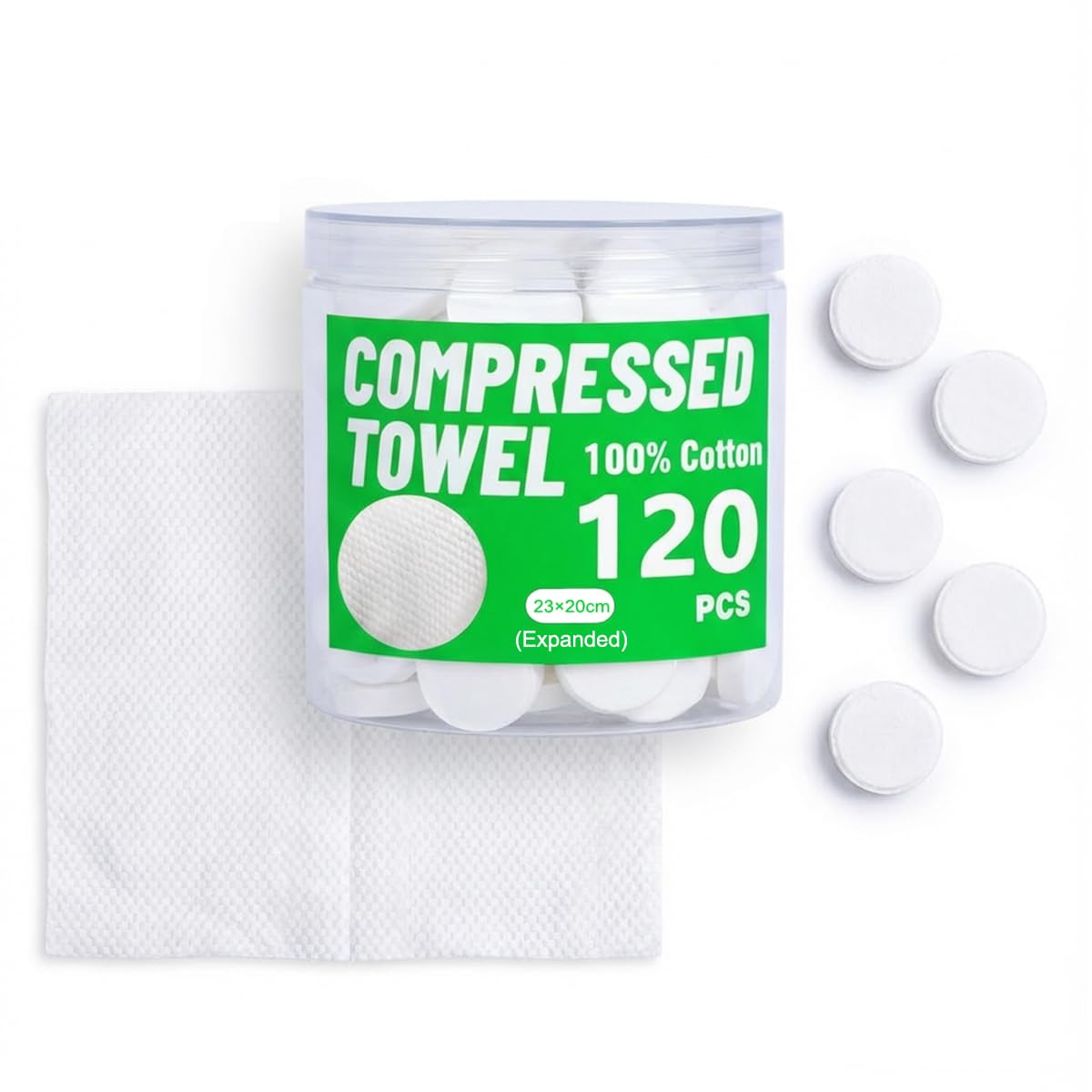 120 Pack Compressed Cotton Towels - 23×20cm Expandable Coin Tissues for Travel, Hiking, and Daily Skincare - Ultra-Compact, Durable & Fragrance-Free Disposable Washcloths in a Reusable Jar