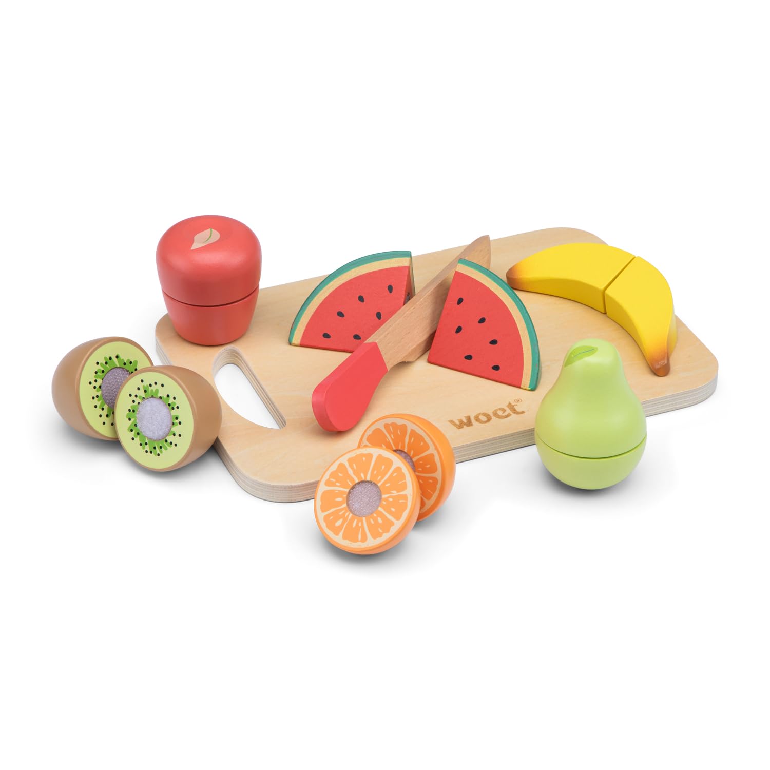 Woet® Wooden Cutting Fruit Set, Sliceable Play Food with Knife and Board, Pretend Kitchen Accessories for Kids, Role Play Cooking Activity, Preschool Gift, Age 2 Years +