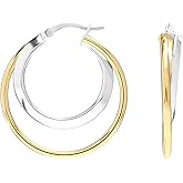 LeCalla 925 Sterling Silver Double Hoop Earrings | Lightweight Textured Two-Tone Earrings | Italian Twisted Hoop Earrings for Women