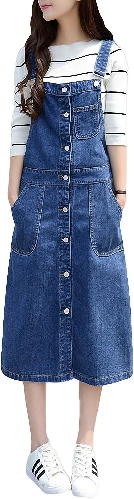 MEWOW Women's Front Button Casual Long Suspender Skirt Denim Overall Dress Plus Size