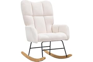 VEVOR Rocking Chair Nursery, Glider Rocking Chair with Soft Seat and High Backrest, 250 lbs Weight Capacity Teddy Fabric, Upholstered Glider Rocker Chair for Nursery, Bedroom, Living Room, Ivory White