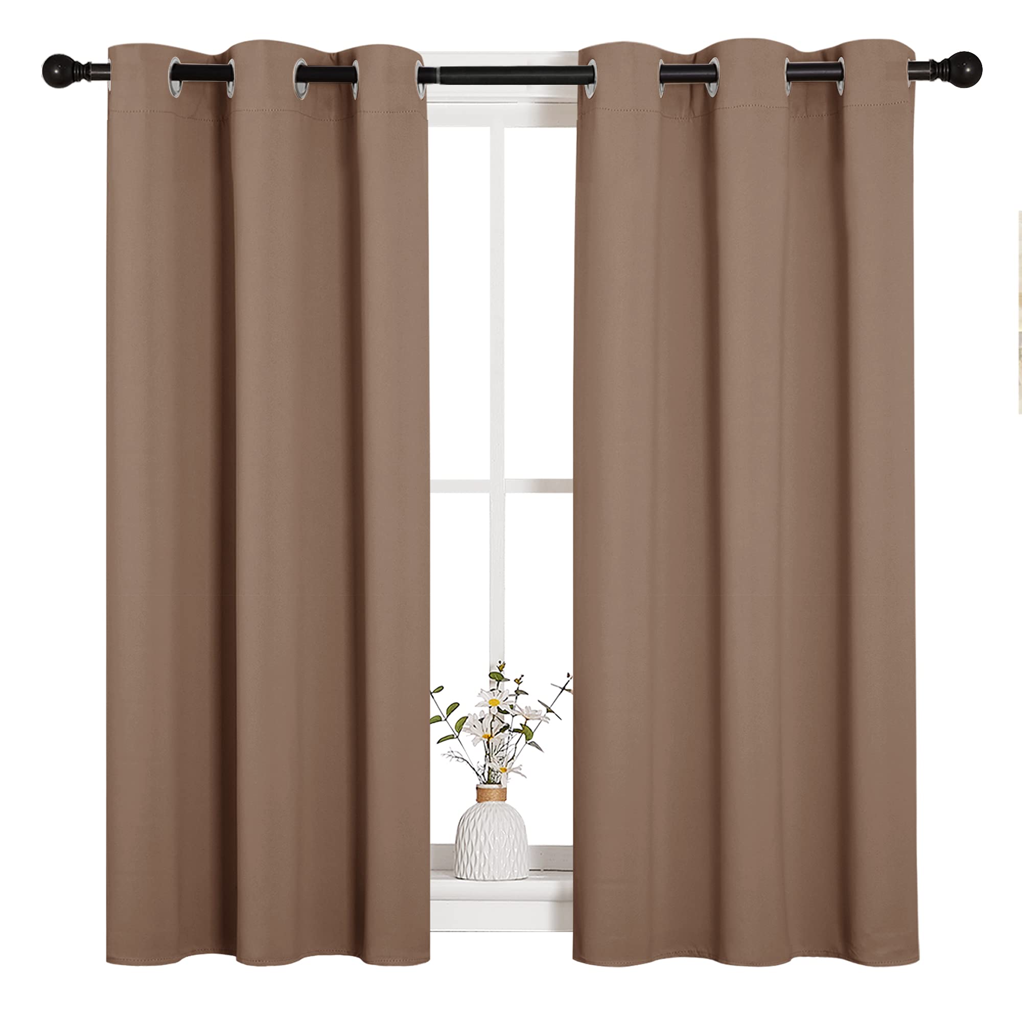 Photo 1 of NICETOWN Blackout Window Curtains and Drapes for Kitchen, Window Treatment Thermal Insulated Solid Grommet Blackout Drapery Panels (Set of 2, 34 by 45 inches, Cappuccino)