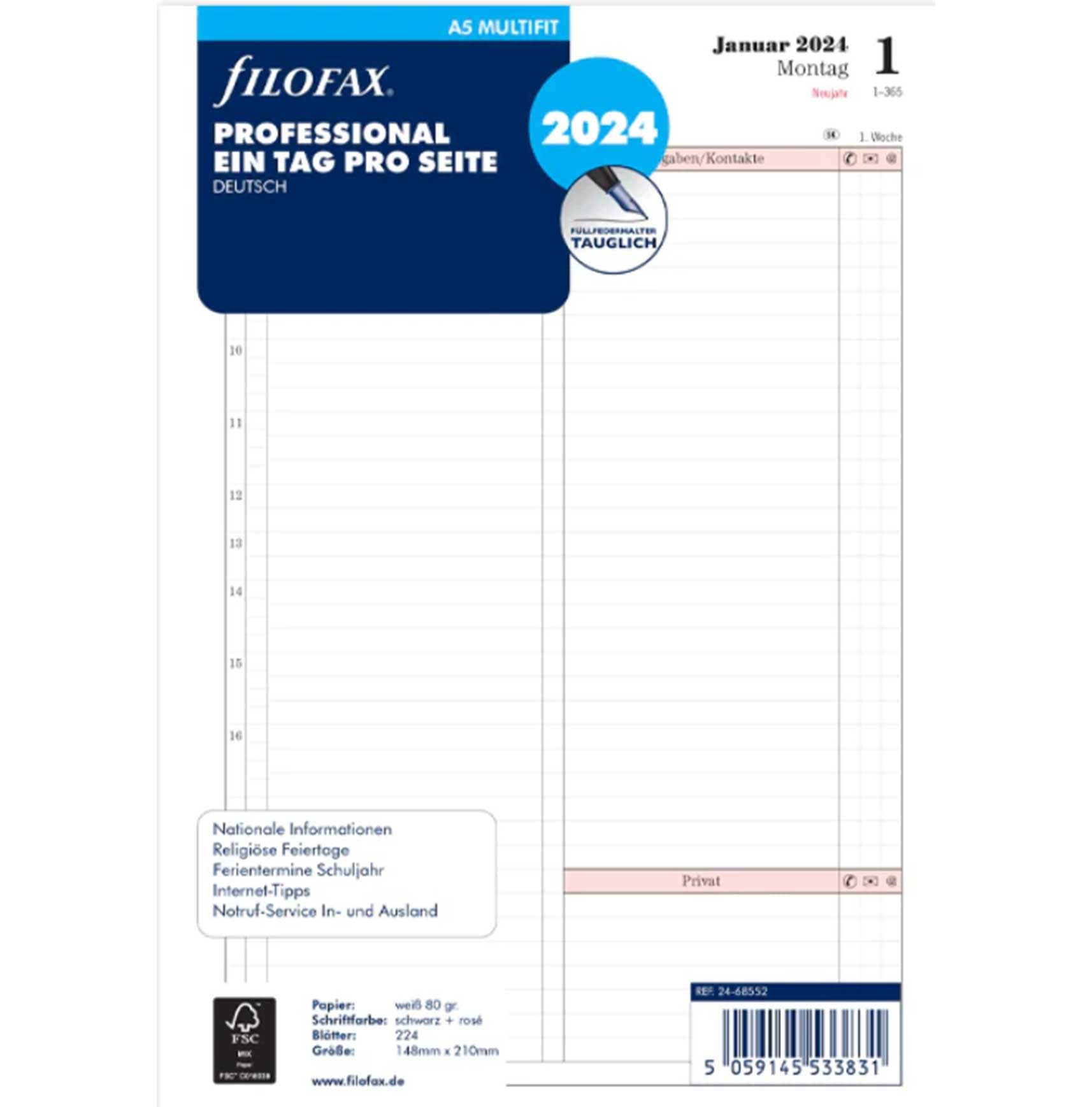FILOFAX Calendar Insert A5 Professional 1 Day per Page (German) 2024