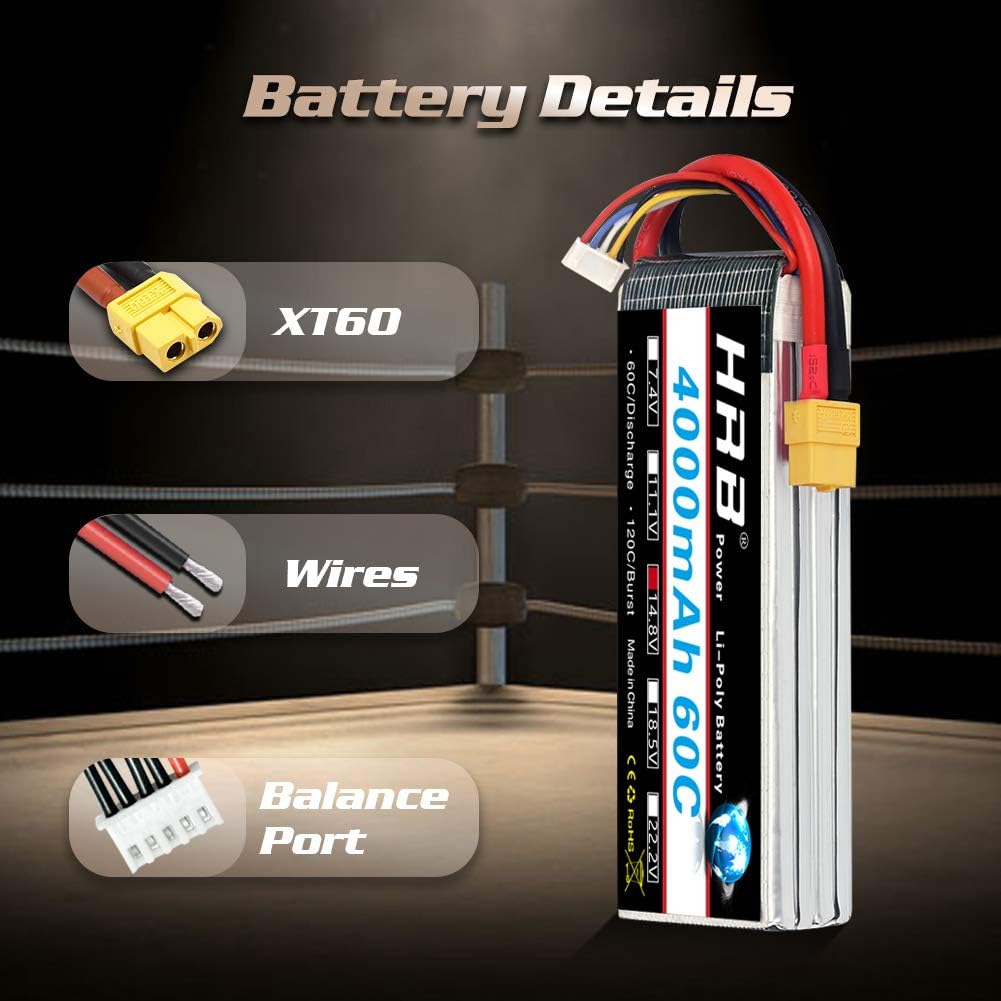 HRB 2PCS 4S Lipo Battery 14.8V 4000mAh 60C XT60 Connector A+ Grade Lipo Battery for RC Truggy Drone Boat Truck Multirotors Hexacopter Octocopters Airplane - Image 5