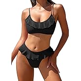 ZAFUL Ruffle Bikinis for Women Scoop Neck Swimsuits Lace Up Bikini Sets Padded Swimwear High Cut 2 Piece Bathing Suits