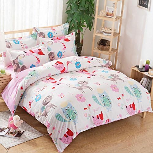 Cartoon Print for Kids Bedding Cute Design I Love My Kitties Duvet Cover Set Blend Cotton 4 Pieces,without Comforter,Best Gift for Children (Full,#1)