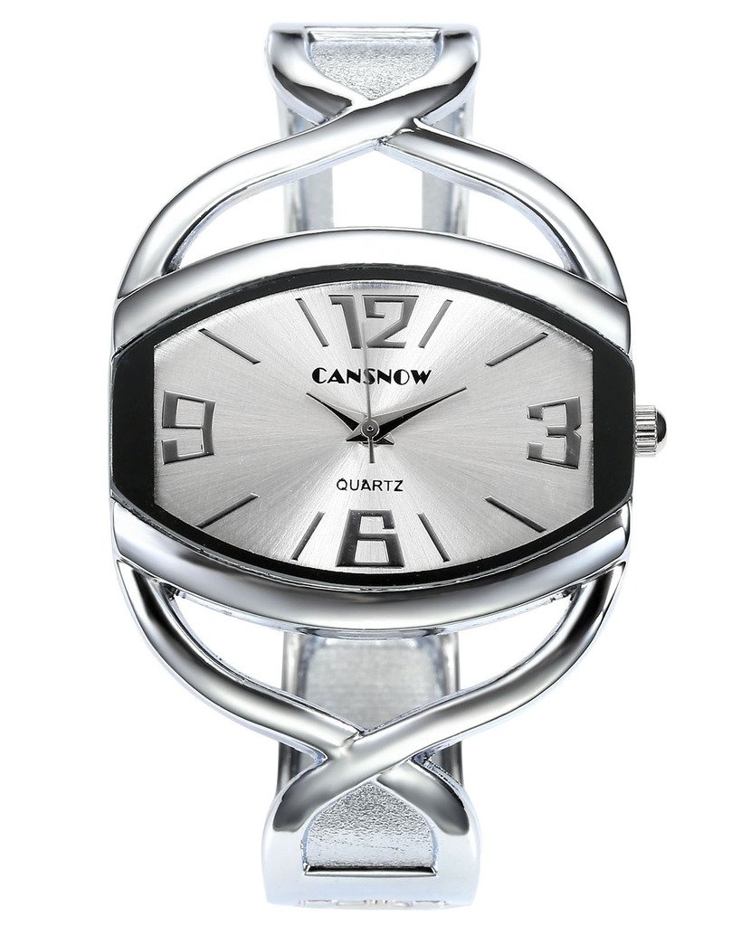 Top Plaza Women Fashion Luxury Silver Tone Bangle Cuff Cross Band Arabic Numeral Quartz Watch