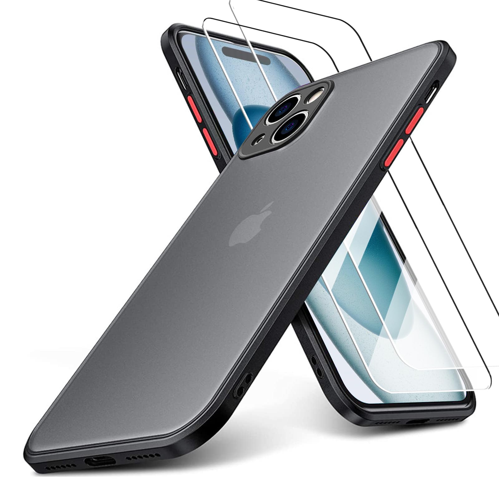 KIOMY case for iPhone 15 Case with 2 HD Tempered Glass Screen Protectors, Translucent Matte Protection Cover with Soft Edge, Hard PC Back and TPU Hybrid Anti Yellow slim fit shell, 6.1 inches black — image 1