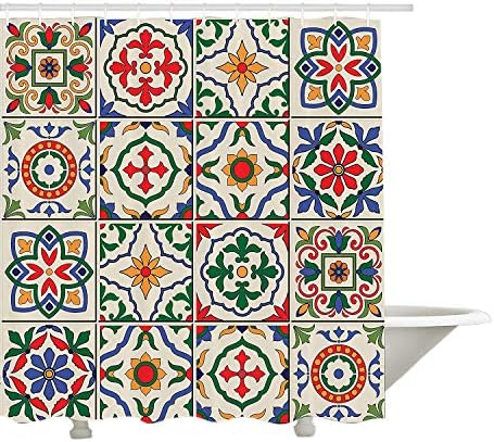 Yeuss Moroccan Decor Collection, Gorgeous Classic Pattern of Flowers and Leaves Decorating Traditional Illustrations, Polyester Fabric Bathroom Shower Curtain, Set with Hooks, Red Green 72"x80"