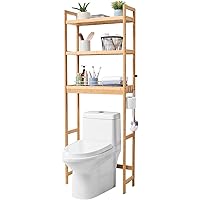 VEVOR Over The Toilet Storage, 3-Tier Adjustable Over Toilet Bathroom Organizer, Bamboo Storage Shelf Rack with 3 Hooks, Free