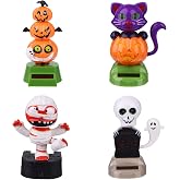 4 Pack Halloween Solar Powered Dancing Toys Skull Pumpkin Zombie Elf Witch Car Shaking Head Dancer Doll Halloween Toy Figurines Car Windowsill Decor for Car Dashboard Toys Gift Office Desk Decor