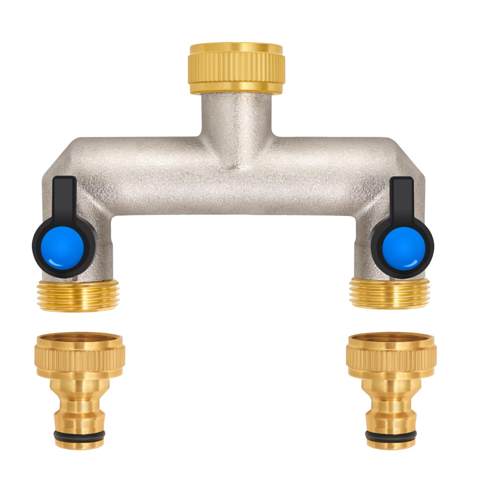 2-Way Tap Water Distributor Made of Brass for 2 Appliances / Garden Hoses, 2 Distributors 3/4 Inch Adapter 1/2 Inch with Ball Valve for Adjusting and Shutting the Water Flow