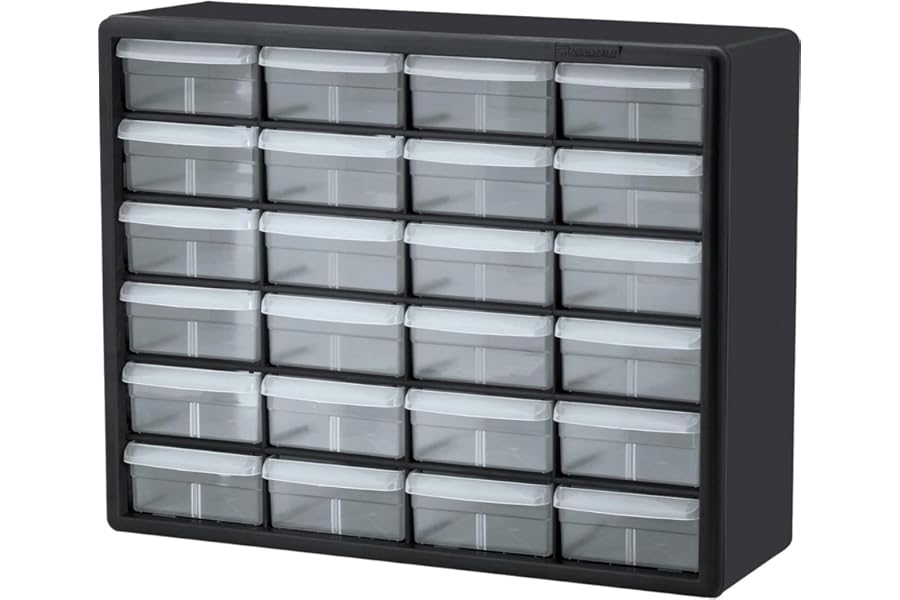Akro-Mils 24-Drawer Plastic Drawer Storage Cabinet for Garage Organization, Bead Organizer, Building Bricks Storage, Teacher Toolbox, Makeup Organizer, 20" W x 6" D x 16" H, 10124 Black