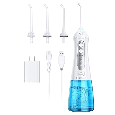 Vesikansiohihna, johdoton, CREMAX-hammasl&auml;&auml;ketieteellinen suullinen kastelulaite 3 moodilla 4 suihkua, tehokas puhdistus, 300ML vesis&auml;ili&ouml;, IPX7 vedenpit&auml;v&auml;, kannettava ja ladattava hampaidenpuhdistin matkailua varten