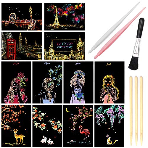 Scratch Art Paper, Rainbow Night View Scratchboard Pads for Adults and Kids, Mini Envelope Postcard Art & Crafts Set: 12 Sheets Scratch Cards & Scratch Drawing Pen, Clean Brush 7.9"x5.5" (City Living)