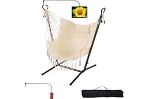 TVT Hammock with Stand Phone Holder Included Double Hanging Chair Macrame Boho Handmade Adjustable Swing Indoor Outdoor Patio Yard Garden Porch 400lbs Capacity (2022 White)