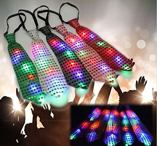 URbeauty 5Pcs LED Colorful Unisex Sparkly Elasticated Glitter Sequins Light Up Necktie Blinking Flash Glow Tie Flash Lighting Tie Party Show Favor Stage Performance Decoration Event Birthday Wedding
