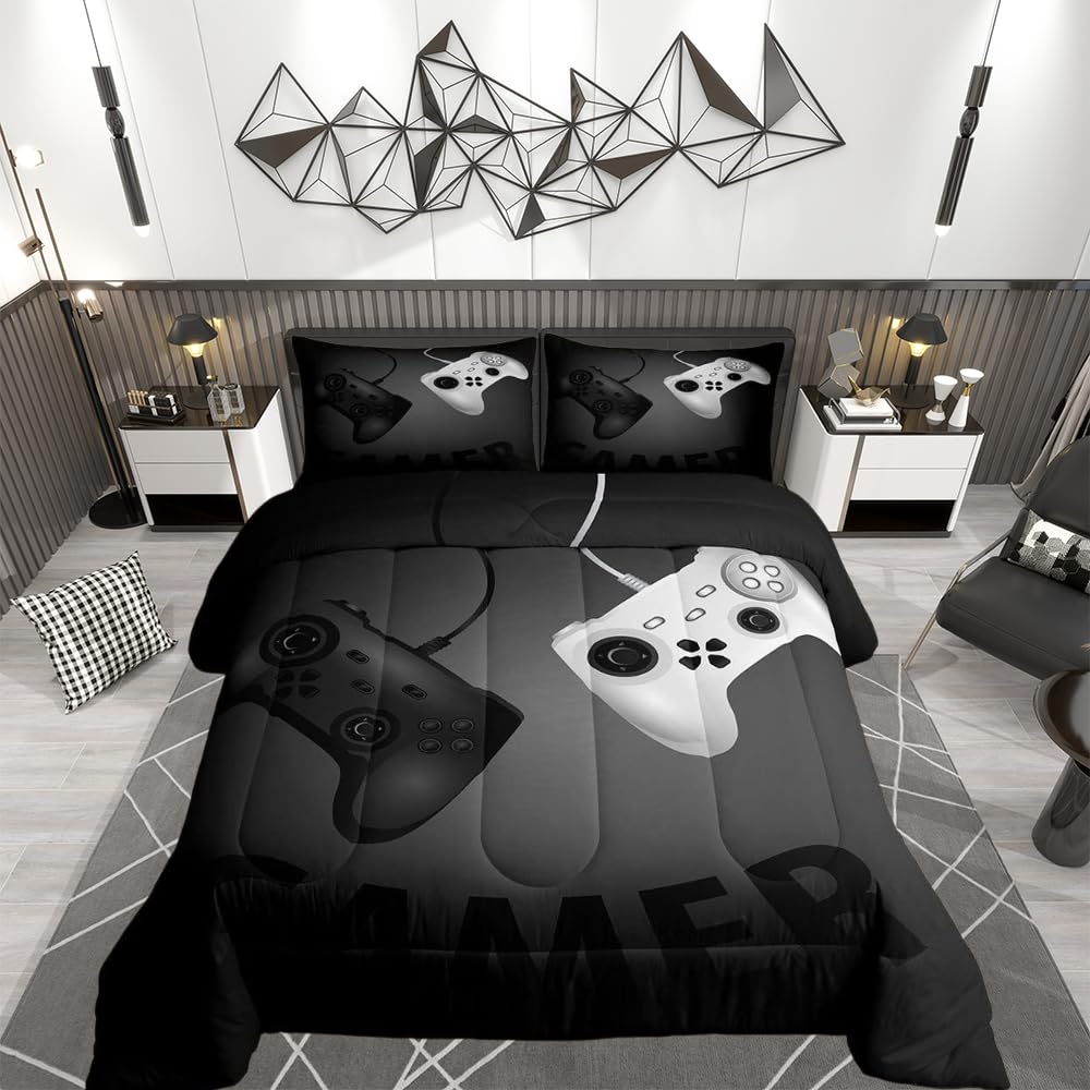 Loussiesd Gamer Duvet for Boys Teens Gamepad Black Grey Gaming Duvet Insert Kids Toddler Youth Game Controller Quilted Down Double Size