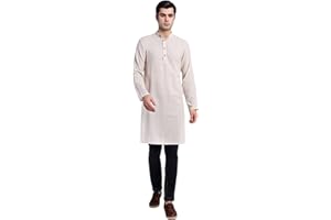 SKAVIJ Men's Handloom Cotton Solid Henley Long Sleeves Straight Knee Length Long Shirt