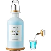 MUVEKA Glass Mouthwash Dispenser for Bathroom, 11.8oz Mouthwash Holder with Stianless Steel Spouts, Mouthwash Decanter with Bamboo Holder, Refillable Cups, Reusable Funnel, Golden Stickers