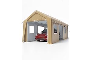 DEXSO Carport 10'x20' Heavy Duty Portable Garage, 1.0 mm Steel Poles & 180 g PE Waterproof Canopy, with Front & Rear Doors, 2 Side Doors, and 4 Windows, for Pickup Truck, and Boat, Khaki