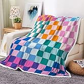 Checkerboard Grid Pattern Throw Blanket, Colorful Checkered Retro Soft Warm Cozy Plush Comfy Blanket for Couch Bed Sofa, Aesthetic 70S Groovy Cute Fleece Flannel Throws to Decorate Living Room Bedroom
