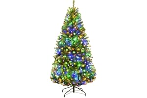 Goplus 4FT Pre-Lit Artificial Christmas Tree, Hinged Xmas Full Tree with 100 Dual-Colored LED Lights, 11 Flash Modes, 300 PVC Branch and Foldable Base, for Indoor Holiday Decor