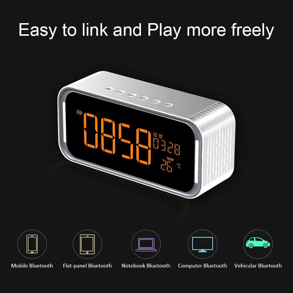 Portable Bluetooth Speaker, XPLUS 4.2 Wireless Bluetooth Speakers with LED Display, Hands-Free Phone Calling, FM Radio,Time,Date,Temperature,Snooze Function Double Alarm Clock (Grey)