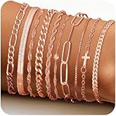 XIANNVXI 10pcs Rose Gold/Gold/Silver Bracelets Stack for Women Dainty Thin Rose Gold Bracelets Set Silver Chain Bracelet Paper Clip Stackable Figaro Herringbone Paperclip Bracelet Pack for Womens
