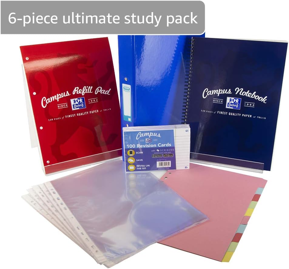 Oxford Revision Pack - Revision 6 Pack, A4 Notebook, A4 Refill Pad, Record Cards, A4 Ring Binder, Punched Pockets and Dividers