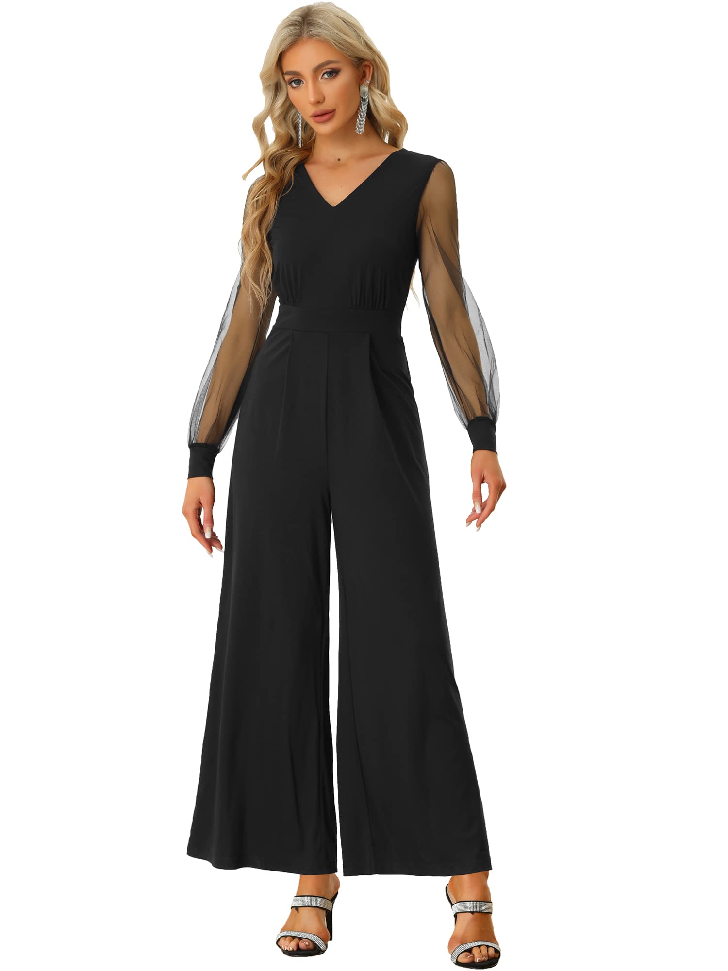 Photo 1 of Allegra K Women's Elegant V Neck Mesh Long Sleeve Loose Wide Leg Romper Party Jumpsuits X-Large Black