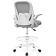 Drafting Chair Tall Office Chair with Flip-up Armrests, Adjustable Height, and Enhanced Lumbar Support - Ergonomic Rolling Stool, Back Support, and Adjustable Foot Rest Ring for Standing Desk Gray