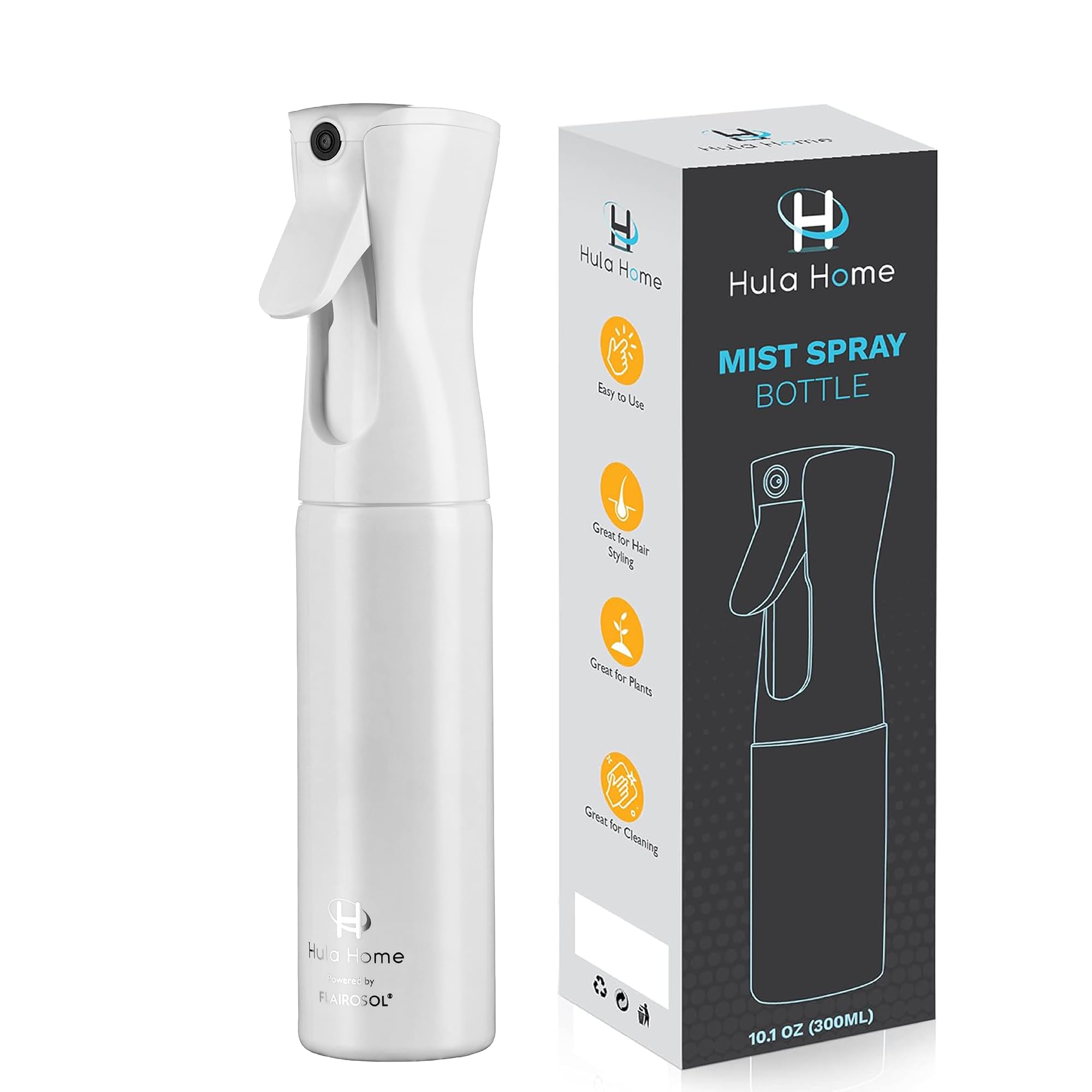 Photo 1 of Hula Home Spray Bottle for Hair (10.1oz/300ml) - Powered by Flairosol® Spray Technology - Continuous Ultra Fine Mist Sprayer – For Hairstyling, Cleaning, Salons, Plants, Essential Oil - All White