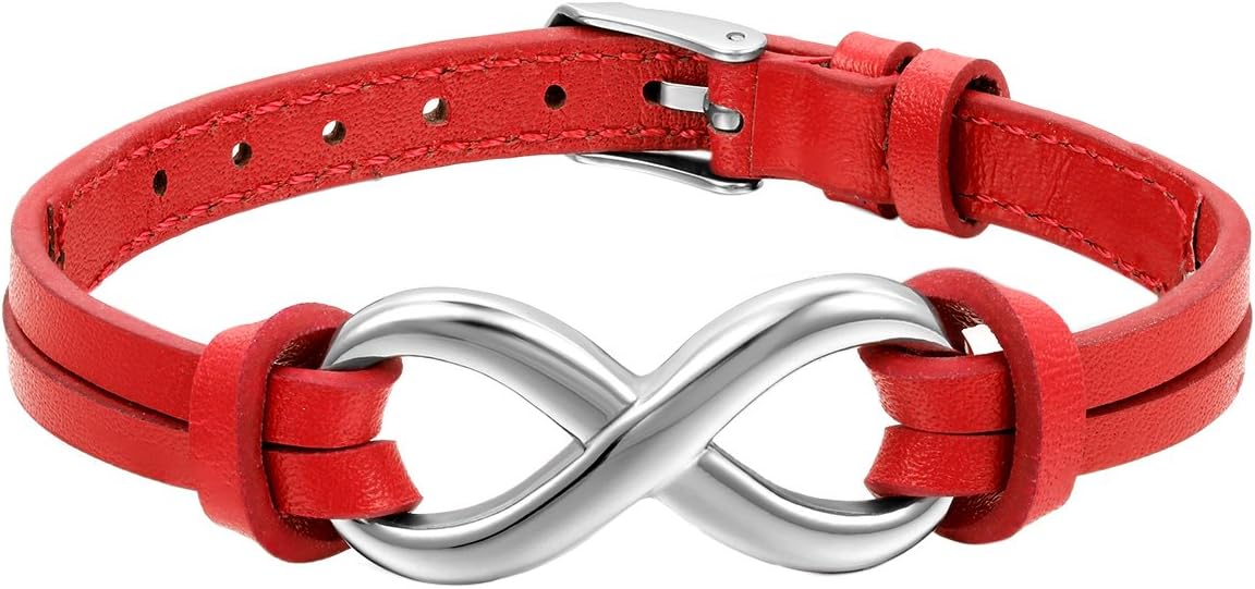 JewelryWeStainless Steel Infinity Love Charm Leather Bracelet for Men Women Adjustable Fit 7-8.3 inch, Black