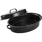 Granite Roasting Pan, Medium 16” Enameled Roasting Pan with Domed Lid. Oval Turkey Roaster Pot, Broiler Pan Great for Small Turkey, Chicken, Ham, Dishwasher Safe Fit for Roast 12Lb Bird by Kendane
