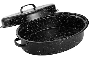Granite Roasting Pan, Medium 16” Enameled Roasting Pan with Domed Lid. Oval Turkey Roaster Pot, Broiler Pan Great for Small Turkey, Chicken, Ham, Dishwasher Safe Fit for Roast 12Lb Bird by Kendane