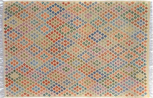 Arshs Fine Rugs Hand-Woven Kilim Arya Alonzo Ivory/Blue Wool Rug (6'4 x 9'7)