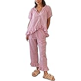 Argeousgor Women Plaid Pajama Sets 2 Piece Outfits Short Sleeve Button Down Shirt Ruffle Pants Pjs Lounge Set
