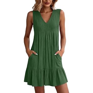 Mini Dresses for Women V Neck Tank Dress with Pockets Comfy Sleeveless Flowy Ruffle Short Dresses Summer Cute Beach Sundress