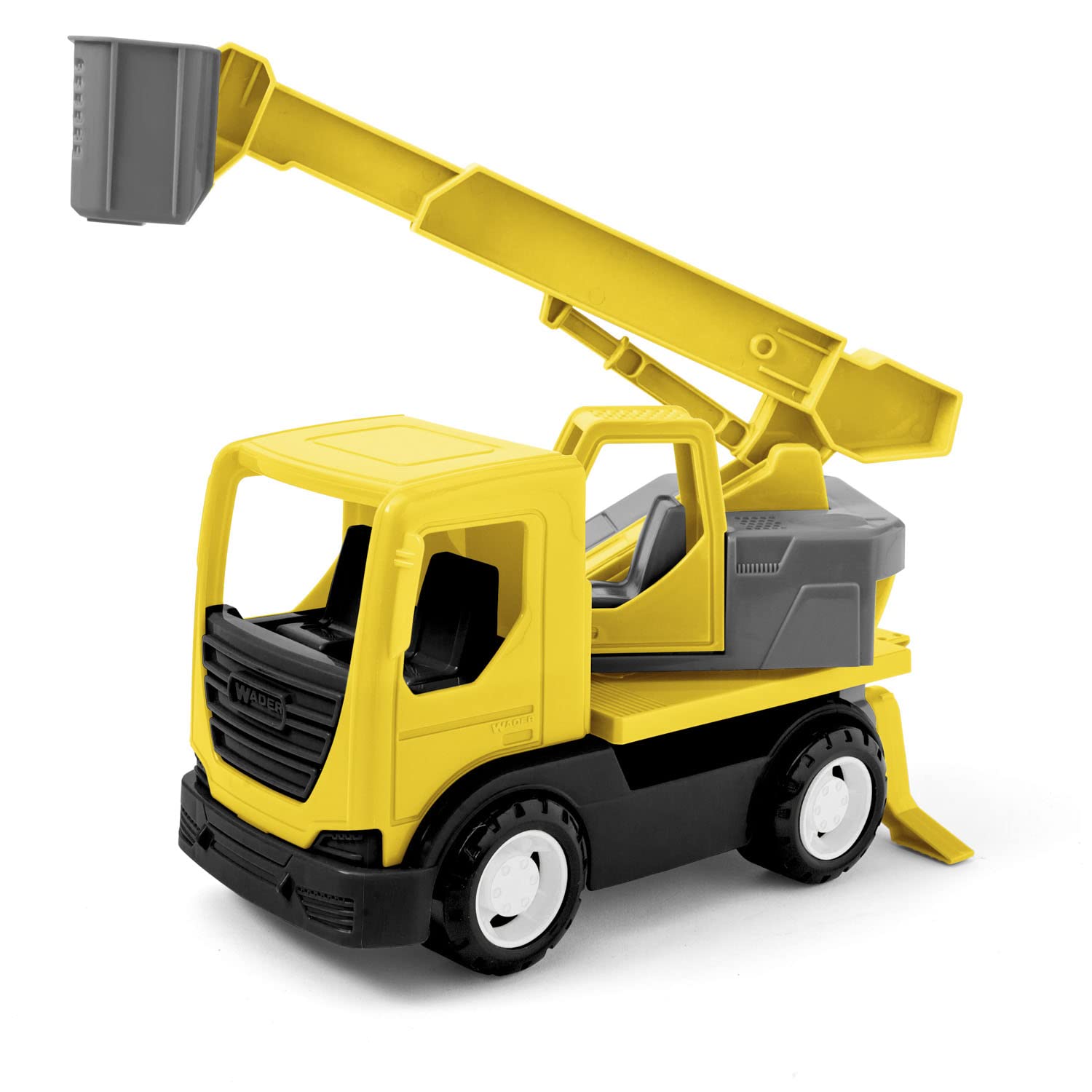 Wader 35368 Tech Truck with Crane, Person Basket, Rotating Attachment and Sturdy Steel Axles, Approx. 31 x 14.5 x 19 cm, Yellow, from 12 Months, Ideal as a Gift for Creative Play