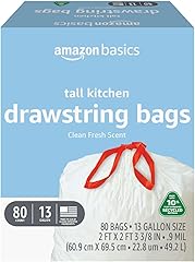 Amazon Basics 13 Gallon Tall Kitchen Drawstring Trash Bags, Clean Fresh Scent, 10% Post Consumer Recycled, 80 count